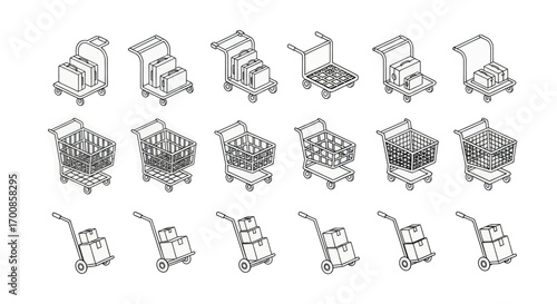 Shopping carts and trolleys icon set vector illustration in isometric outline style showing supermarket baskets hand trucks and luggage carts for ecommerce retail and logistics design