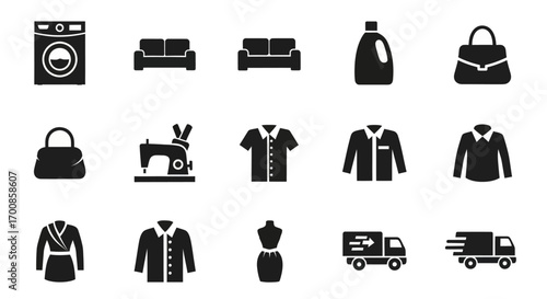 Icon Set Vector Collection of Minimalist Black Glyphs for Laundry Clothing and Delivery