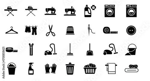 Household Chore and Sewing Vector Icon Set with Minimalist Cleaning and Laundry Glyph Symbols