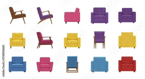Modern Armchair Vector Icon Set Collection of Colorful Furniture
