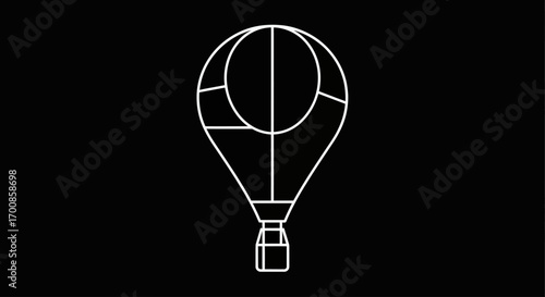 Minimal hot air balloon line icon in white outline on a black background for travel and adventure design