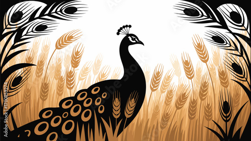 Elegant peacock in wheat field with striking feather design for sophisticated print and textile projects