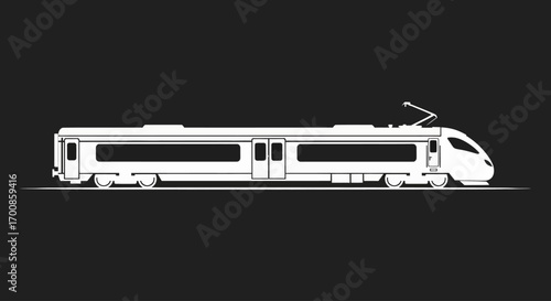 Modern electric commuter train side view in crisp white line art on black background for urban transit design