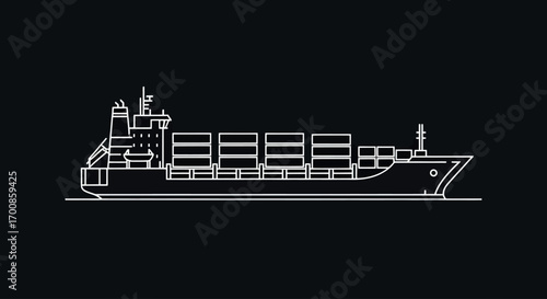 Minimal white line cargo container ship vector on black background for logistics and maritime transport branding