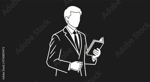 Minimal white line businessman reading a book vector on black background for corporate training and leadership content