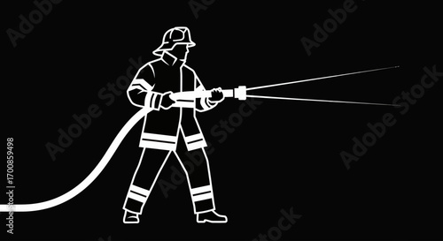 Stylized Firefighter Vector Illustration with Hose in Monochrome