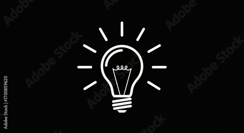 Simple white line light bulb vector on black background symbolizing idea creativity and innovation for branding and presentations