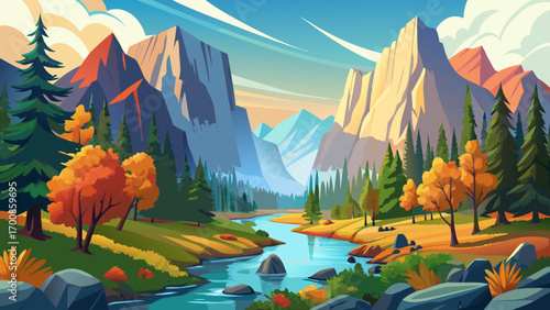 Cartoon vector-style landscape view of Yosemite National Park, with its towering mountains and crystal-clear streams, offers breathtaking views that have inspired artists for hundreds of years. A tran