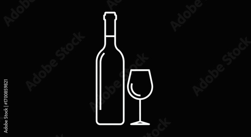 Minimalist Vector Icon of a Wine Bottle and Glass in a Clean Line Art Style