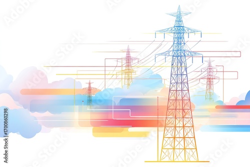 Colorful illustration of tall power lines and energy transmission technologies in a modern landscape