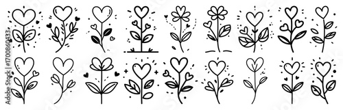 Heart‑shaped flower doodle collection – playful romantic floral icons set