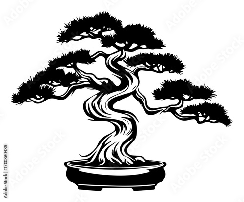 Elegant windswept bonsai tree in shallow pot — stylised Japanese cultivation art