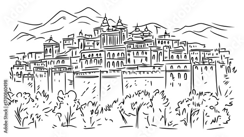 Hill‑fort town with defensive walls and domed temples, layered across rugged mountain slopes