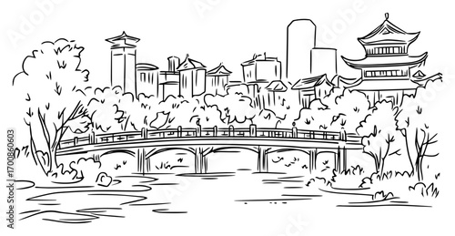 Scenic city park with stone bridge and skyline blending traditional pagoda tower and modern high‑rises
