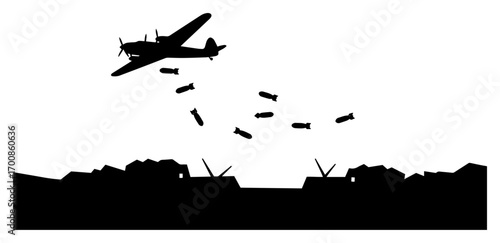 World War II bomber silhouette releasing payload over coastline — dramatic wartime scene