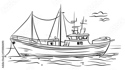 Classic wooden fishing trawler cruising quiet coastal waters beneath a gull‑filled sky
