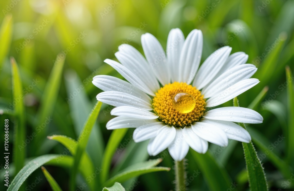 Fototapeta premium A white daisy flower with a yellow center blooming amidst green grass and foliage