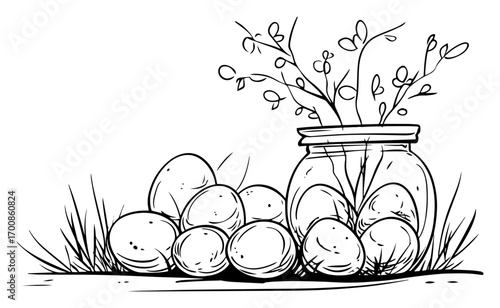 Rustic mason jar vase with sprigs next to freshly gathered chicken eggs
