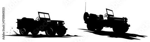 Vintage military jeeps driving dusty desert track – rugged off‑road silhouette