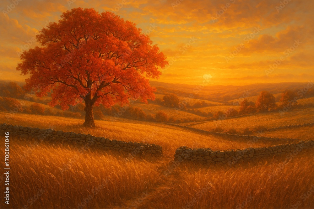 Fototapeta premium Autumn tree in golden countryside landscape