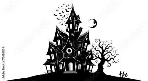 Eerie Black Silhouette of a Spooky Haunted House and Bare Tree on a Hill