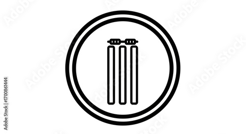 Minimalist Black and White Cricket Stumps and Bails Icon in Oval