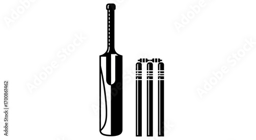 Crisp Black Vector Icon of Cricket Bat and Stumps with Bails on White