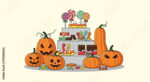 Halloween Jack-o'-Lanterns with Candy Corn and Lollipops