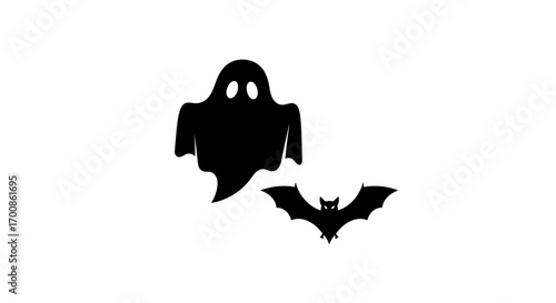 Spooky Black Ghost and Bat Silhouettes on White Background for Halloween