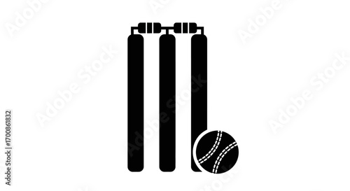 Simple Monochrome Cricket Stumps with Bails and Ball Isolated Icon