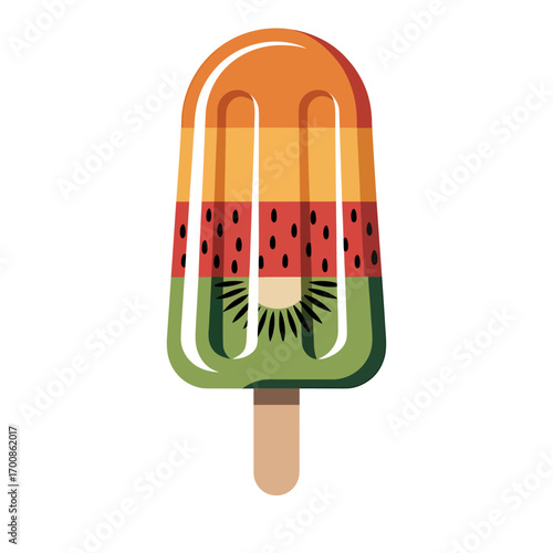 colorful summer vector illustration of a fruit popsicle with kiwi, watermelon, and orange layers