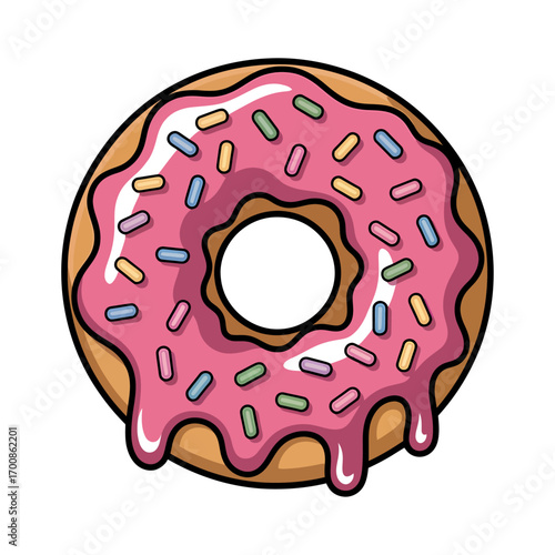 colorful vector illustration of a delicious donut with pink icing and sprinkles dripping down the sides