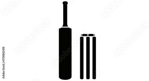 Minimalist Black Silhouette Icon of Cricket Bat and Stumps with Bails on White