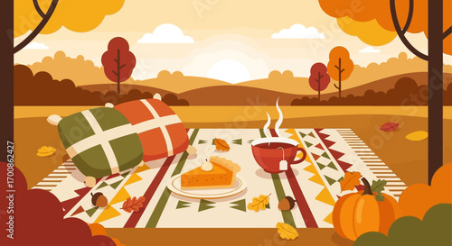 Flat Vector Autumn Picnic with Pie Steaming Tea and Cozy Cushions