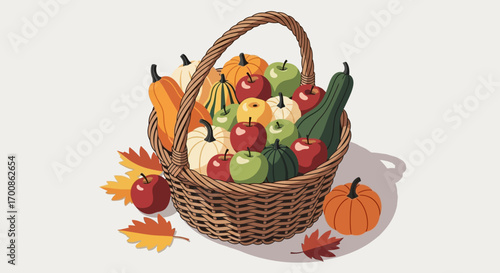 Vibrant Autumn Harvest: Basket Brimming with Colorful Gourds and Apples