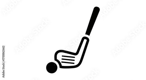 Minimalist black golf club icon about to hit a golf ball simple graphic.