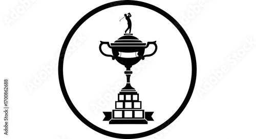 Striking black silhouette of a golfer atop a prestigious trophy inside an oval