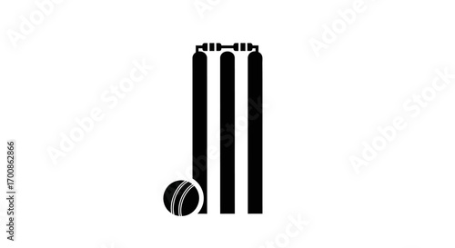 Minimalist Black Cricket Stumps and Ball Icon on White Background