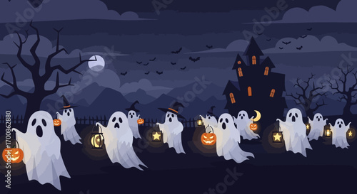 Spooky Halloween night with cute cartoon ghosts holding glowing lanterns
