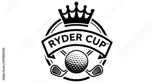 Black and white graphic Ryder Cup golf logo featuring crown ball and clubs.
