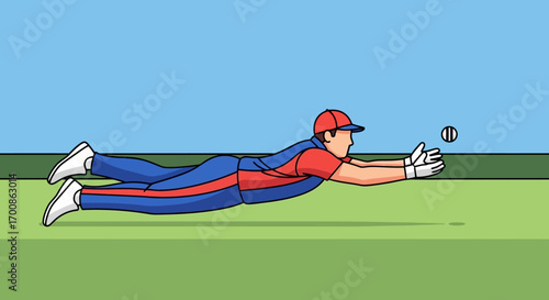 Dynamic Cartoon Cricket Player Making a Diving Catch on Green Field