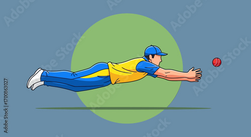 Cartoon Cricketer Diving Horizontally to Catch Red Ball Dynamic Sport Action