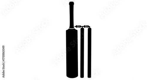 Cricket Bat and Stumps with Bails Silhouette Icon on White Background