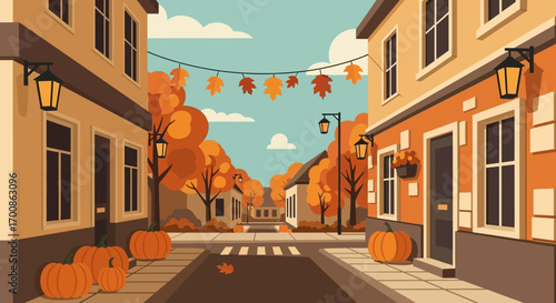 Charming Flat Design Autumn Street with Pumpkins and Festive Leaf Garland