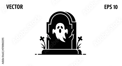 Spooky Ghost Silhouette on Cracked Gravestone for Halloween Theme Icon