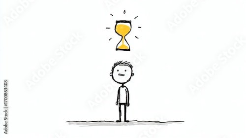 Stick Figure Under Glowing Hourglass Minimalist Doodle Cartoon Illustration 