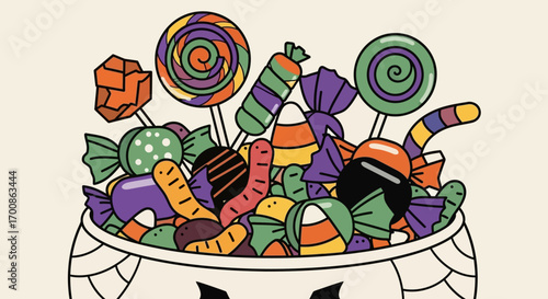 Playful Flat Design of a Jack-o'-Lantern Bucket Filled with Candy
