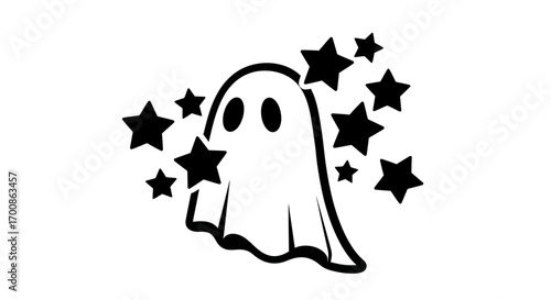 Cute Cartoon Ghost Silhouette with Floating Stars on White Background