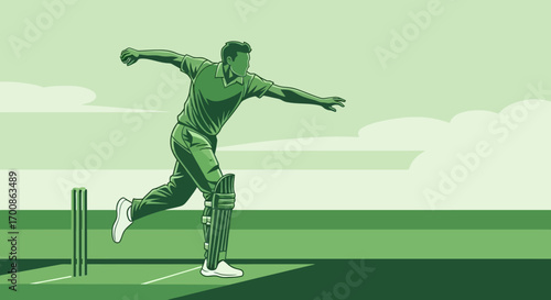 Dynamic Green Vector Illustration of a Cricket Bowler in Action