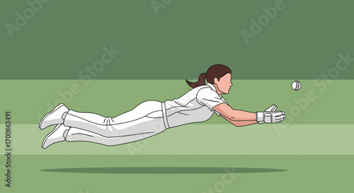 Female Cricket Player Diving Horizontally to Catch Ball in Flat Style